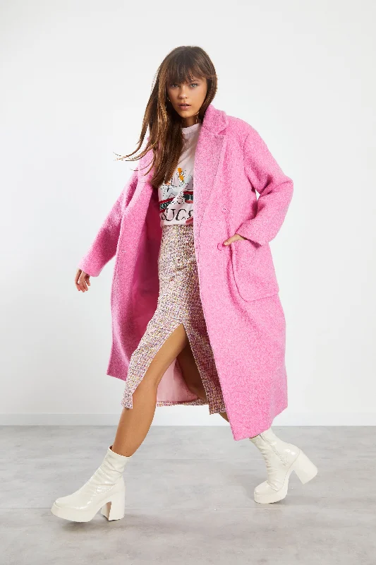 Glamorous Bright Pink Marl Midi Coat with Lapel Collar Sequined Lace Ribbed