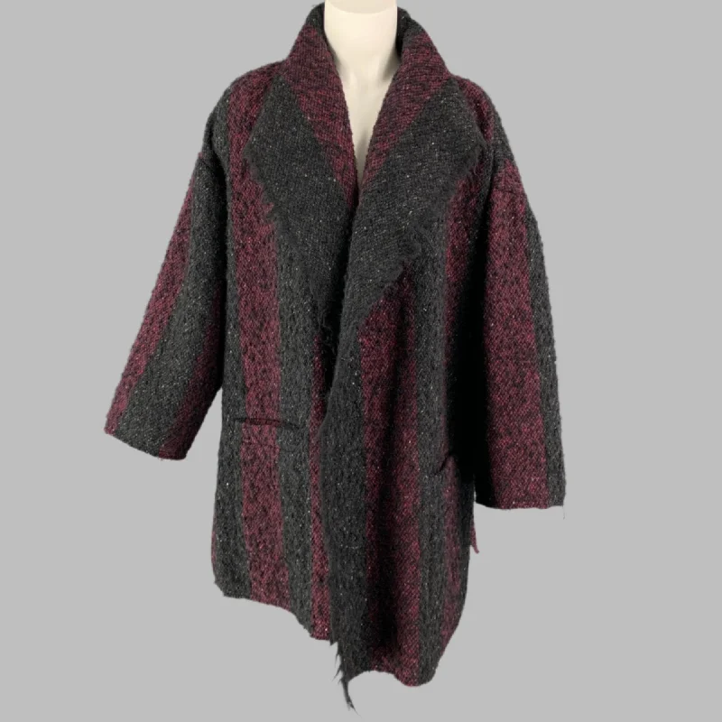 IRO Size 6 Black & Burgundy Stripe Wool Blend Open Front Coat Square Neck One-Shoulder Off-the-Shoulder IRO Size 6 Black & Burgundy Stripe Wool Blend Open Front Coat Square Neck One-Shoulder Off-the-Shoulder