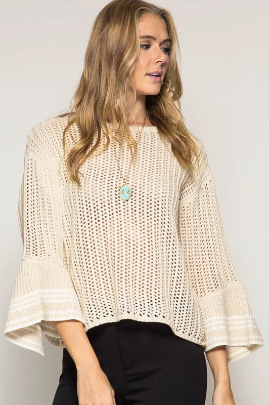 Bell Sleeve Sweater W/ Stripe Detail Terry Blend Velvet Blend Canvas Blend