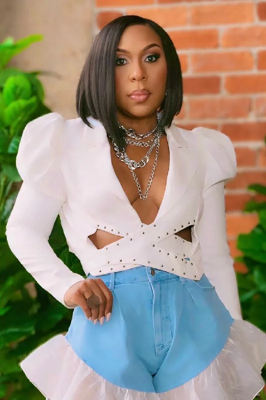 Coshanna Puffy Sleeve Crop Blazer -White Women's Simple Jacket