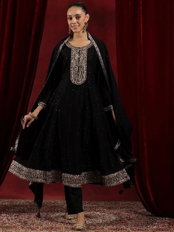 Libas Art Black Embroidered Silk Blend A-Line Kurta With Trousers & Dupatta Trousers Corduroy Warm Libas Art Black Embroidered Silk Blend A-Line Kurta With Trousers & Dupatta Trousers Corduroy Warm
