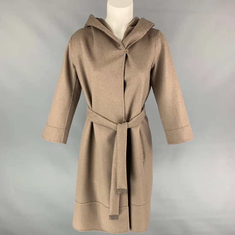 MAX MARA Size 6 Taupe Virgin Wool Hooded Belted Coat Solid Print Jacquard