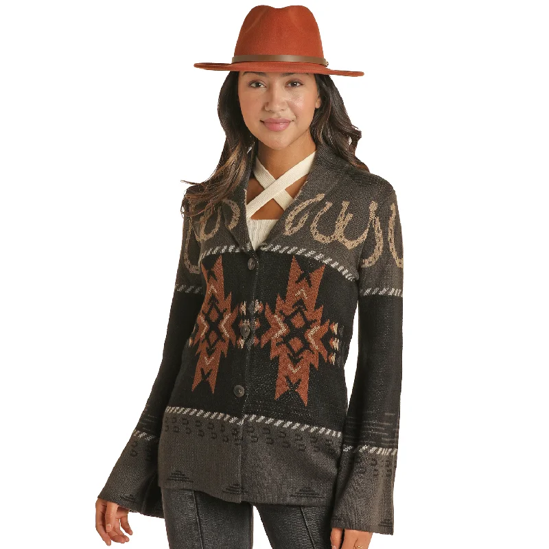 Powder River Ladies Horseshoe & Aztec Black Knit Cardigan PRWO95RZXC-01 Ribbed Striped Patterned Powder River Ladies Horseshoe & Aztec Black Knit Cardigan PRWO95RZXC-01 Ribbed Striped Patterned
