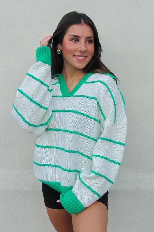 Green and White Striped Collared Sweater Elasticated Padded Insulated