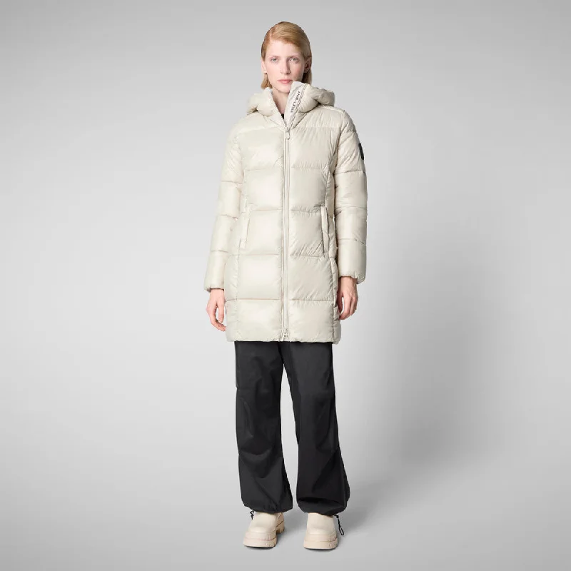 Woman's Ines Hooded Puffer Jacket in Rainy Beige Boat Neck Shawl Collar Notched Collar Woman's Ines Hooded Puffer Jacket in Rainy Beige Boat Neck Shawl Collar Notched Collar