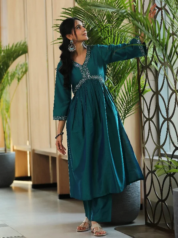 Teal Blue Solid Silk Blend A-Line Kurta With Trousers Trousers Cargo pockets