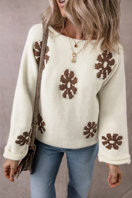 White Colorblock Floral Pattern Round Neck Sweater Embroidered Appliqued Beaded