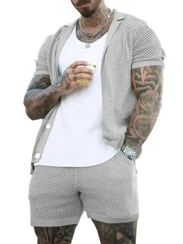 See-Through Short-Sleeved Men Cardigan Outfit Set Stretchy Elastic Breathable