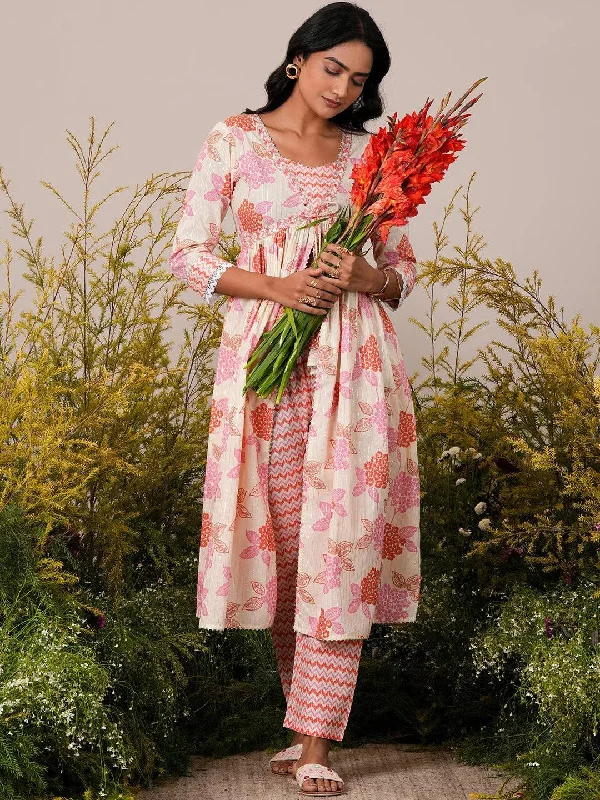 Off White Printed Cotton A-Line Kurta With Trousers Trousers sophisticated sleek