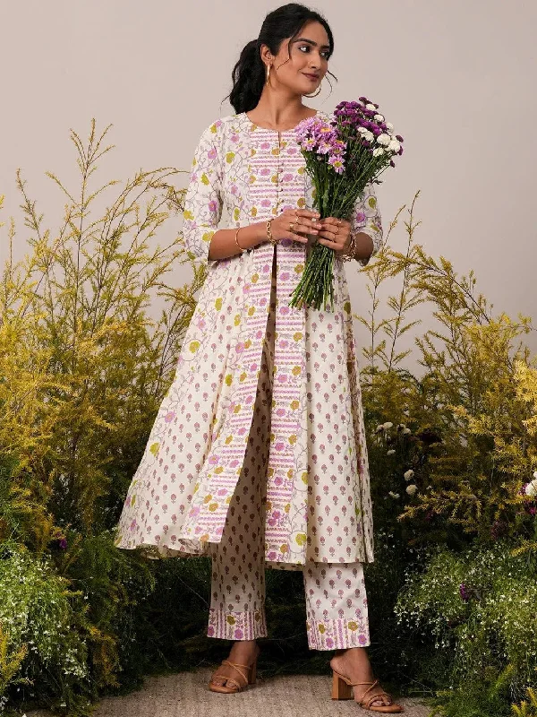 Off White Printed Cotton A-Line Kurta With Trousers Trousers Leisure Comfortable