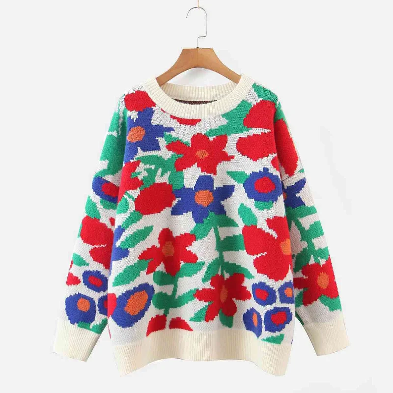 Floral Round Neck Drop Shoulder Sweater Soft Cozy Warm