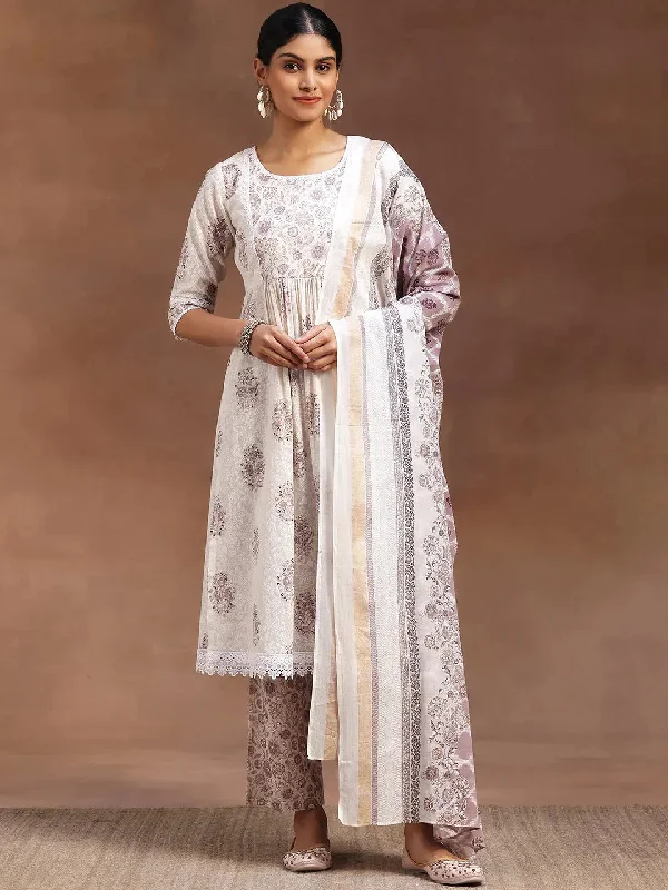 White Printed Cotton A-line Kurta With Trousers & Dupatta Trousers Chinos Classic