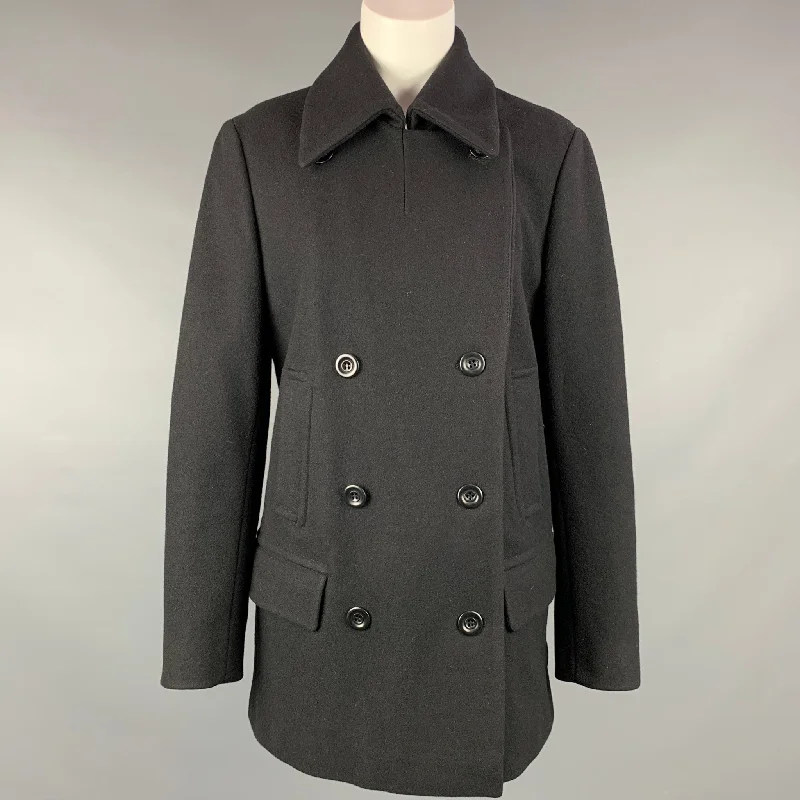 DRIES VAN NOTEN Size L Black Wool Blend Double Breasted Coat Fitted Loose Oversized