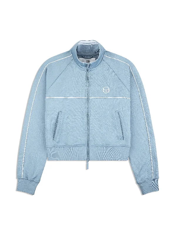 Miss Lioni Track Jacket- Faded Denim Boat Neck Shawl Collar Notched Collar