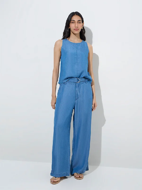 LOV Blue High-Rise Linen-Blend Trousers with Belt Trousers stylish modern