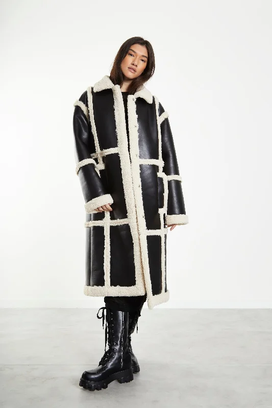 Glamorous Black Cream Long Shearling Seamed Coat with Collar Herringbone Houndstooth Plaid Glamorous Black Cream Long Shearling Seamed Coat with Collar Herringbone Houndstooth Plaid