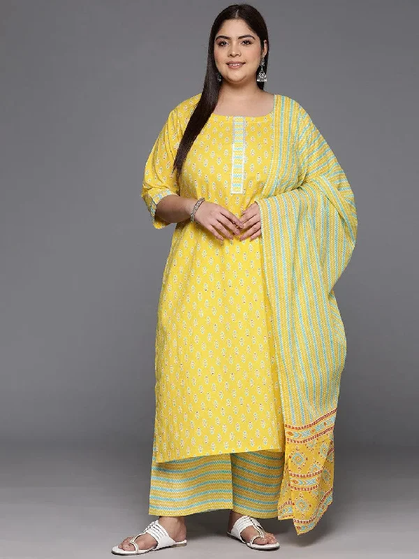Plus Size Yellow Printed Cotton Straight Kurta With Trousers & Dupatta Trousers Lace Delicate