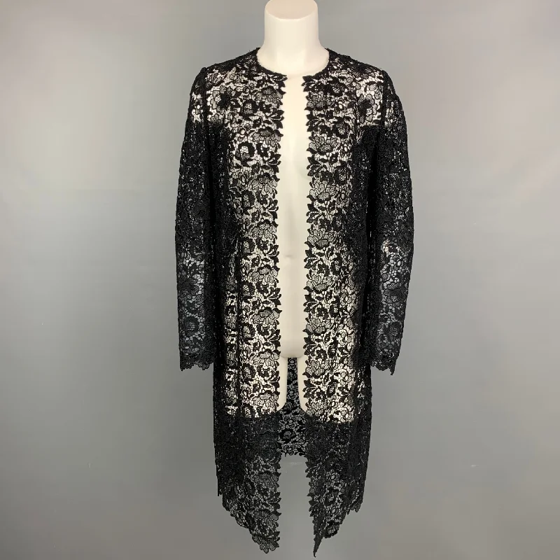 RALPH LAUREN Purple Label Size 2 Black Guipure Cotton Blend Open Front Coat Embroidered Appliqued Beaded