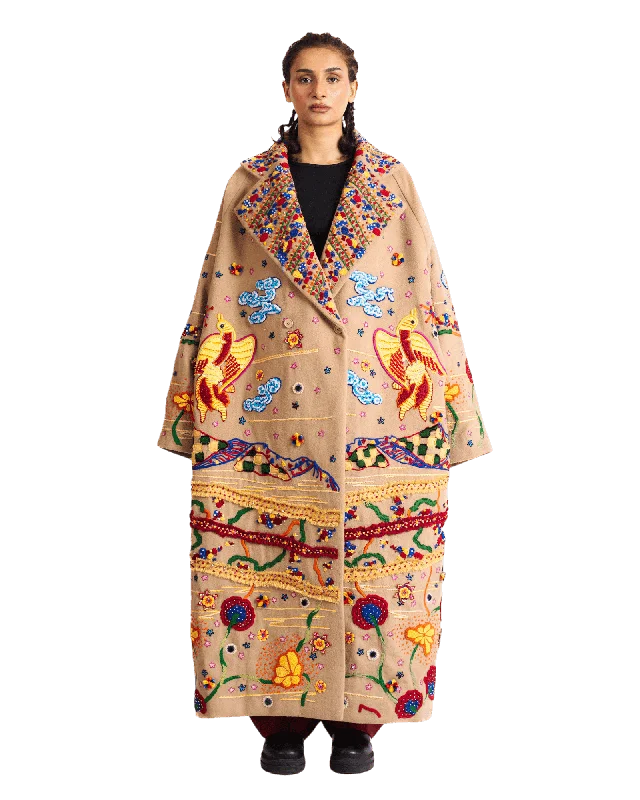 "TWO BIRDS" WOOL LONG COAT Plaid Tartan Floral