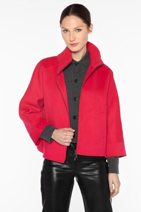 Kinross Cashmere Short Knit Trim Zip Mock Coat Herringbone Houndstooth Plaid