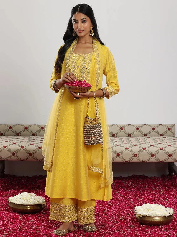 Yellow Woven Design Chanderi Silk A-Line Kurta With Trousers & Dupatta Trousers cozy comfortable Yellow Woven Design Chanderi Silk A-Line Kurta With Trousers & Dupatta Trousers cozy comfortable