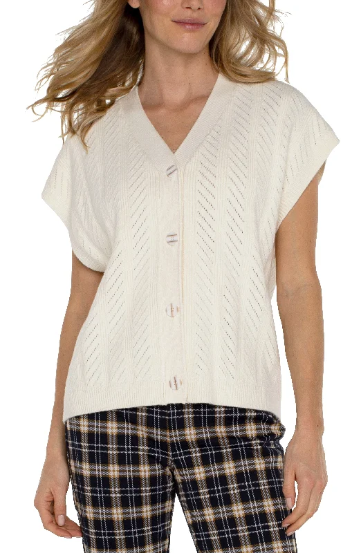 SLEEVELESS CARDI BUTTON FRONT SWEATER VEST - CREAM Collared Crew Neck Turtle Neck