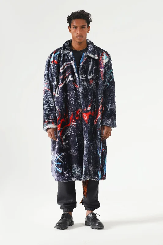ABSTRACT GRAFFITI LONG COAT Satin Silk Chiffon