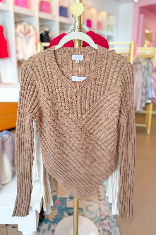 Tan Ribbed Asymmetrical Knit Sweater Top Neon Metallic Matte