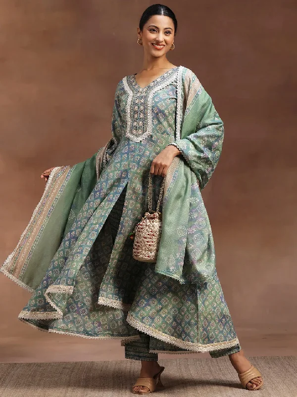 Green Printed Silk Blend A-Line Kurta With Trousers & Dupatta Trousers Summer Linen