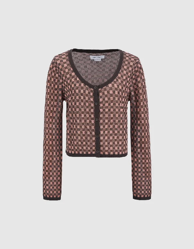 Gingham U Neck Knitted Cardigan Layered Multi-layer Single Layer