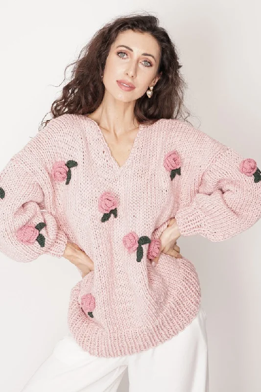 Rose Handmade Knit Sweater Pink Boat Neck Shawl Collar Notched Collar