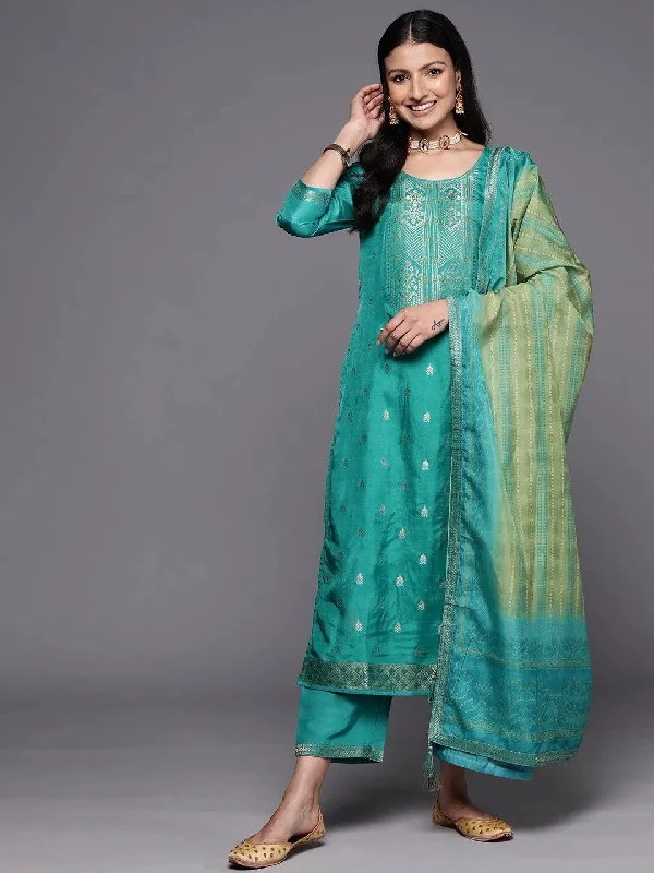 Green Self Design Silk Blend Straight Kurta With Trousers & Dupatta Trousers versatile functional Green Self Design Silk Blend Straight Kurta With Trousers & Dupatta Trousers versatile functional