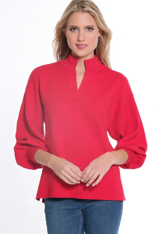 CUFFED 3/4 SLEEVE DROP SHOULDER MOCK NECK SWEATER - VIVID RED Fitted Slim Tailored