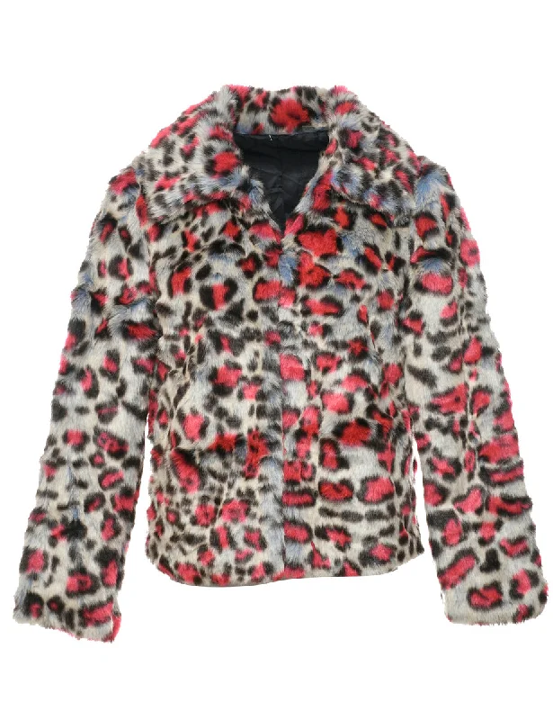 Leopard Print Faux Fur Jacket - M Bomber Jacket Anorak Windbreaker