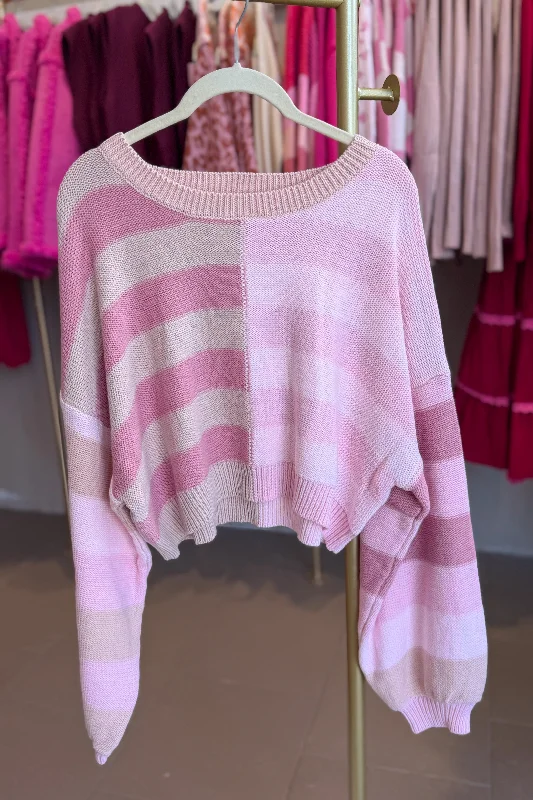 Pink and Beige Contrast Striped Sweater Stretchy Elastic Breathable