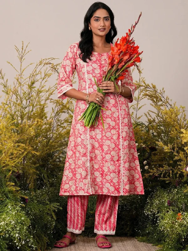 Peach Printed Silk Blend A-Line Kurta With Trousers Trousers Fall Fleece