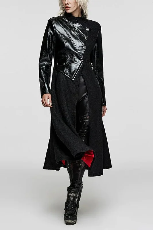Black Stand Collar Print Faux Leather Stitching Womens Gothic Coat Knit Woven Fleece Black Stand Collar Print Faux Leather Stitching Womens Gothic Coat Knit Woven Fleece