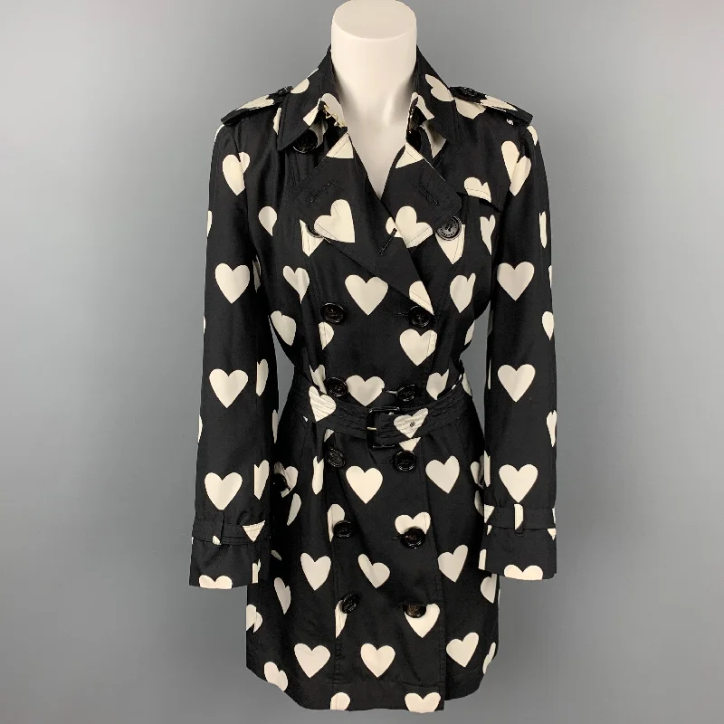 BURBERRY Circa 2017 Size 10 Black & White Heart Print Silk / Wool Trench Coat Turtleneck Jacket Crew Neck Jacket V-Neck Jacket BURBERRY Circa 2017 Size 10 Black & White Heart Print Silk / Wool Trench Coat Turtleneck Jacket Crew Neck Jacket V-Neck Jacket