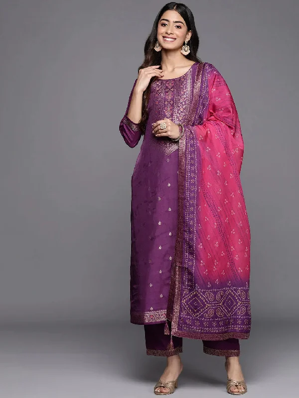 Purple Self Design Silk Blend Straight Kurta With Trousers & Dupatta Trousers Culottes Wide Leg Purple Self Design Silk Blend Straight Kurta With Trousers & Dupatta Trousers Culottes Wide Leg