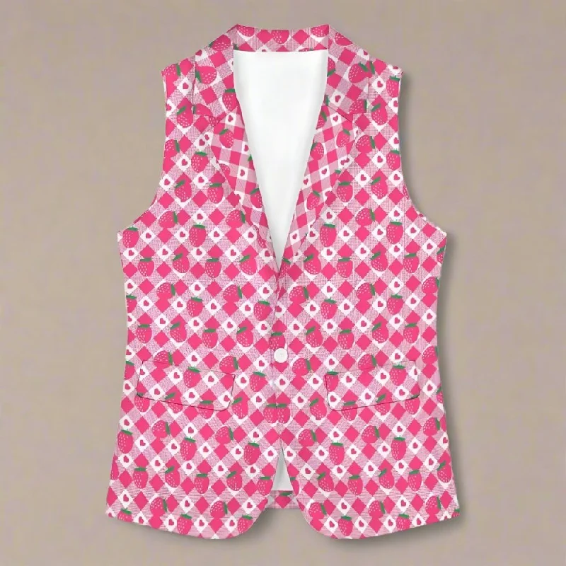 Womens Pink Strawberry Sleeveless Blazer Vest Women's Vintage Suit