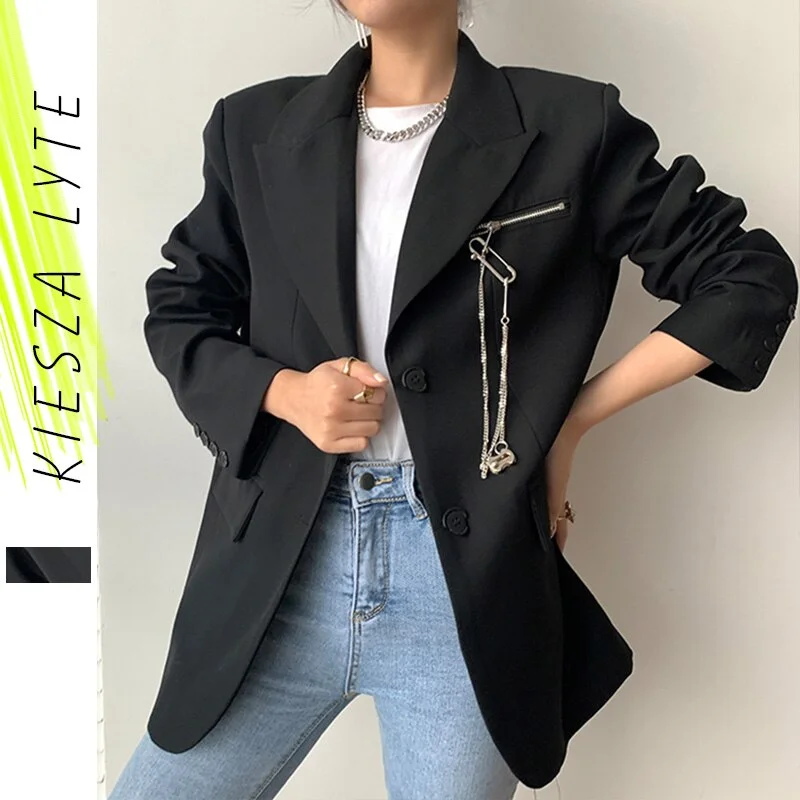 Runway Black Jacket Blazer Silver Metal Chain Long Sleeve Casual Trend Blazers Coat Woman Outwear Spring 2022 Women's Boutique Jacket