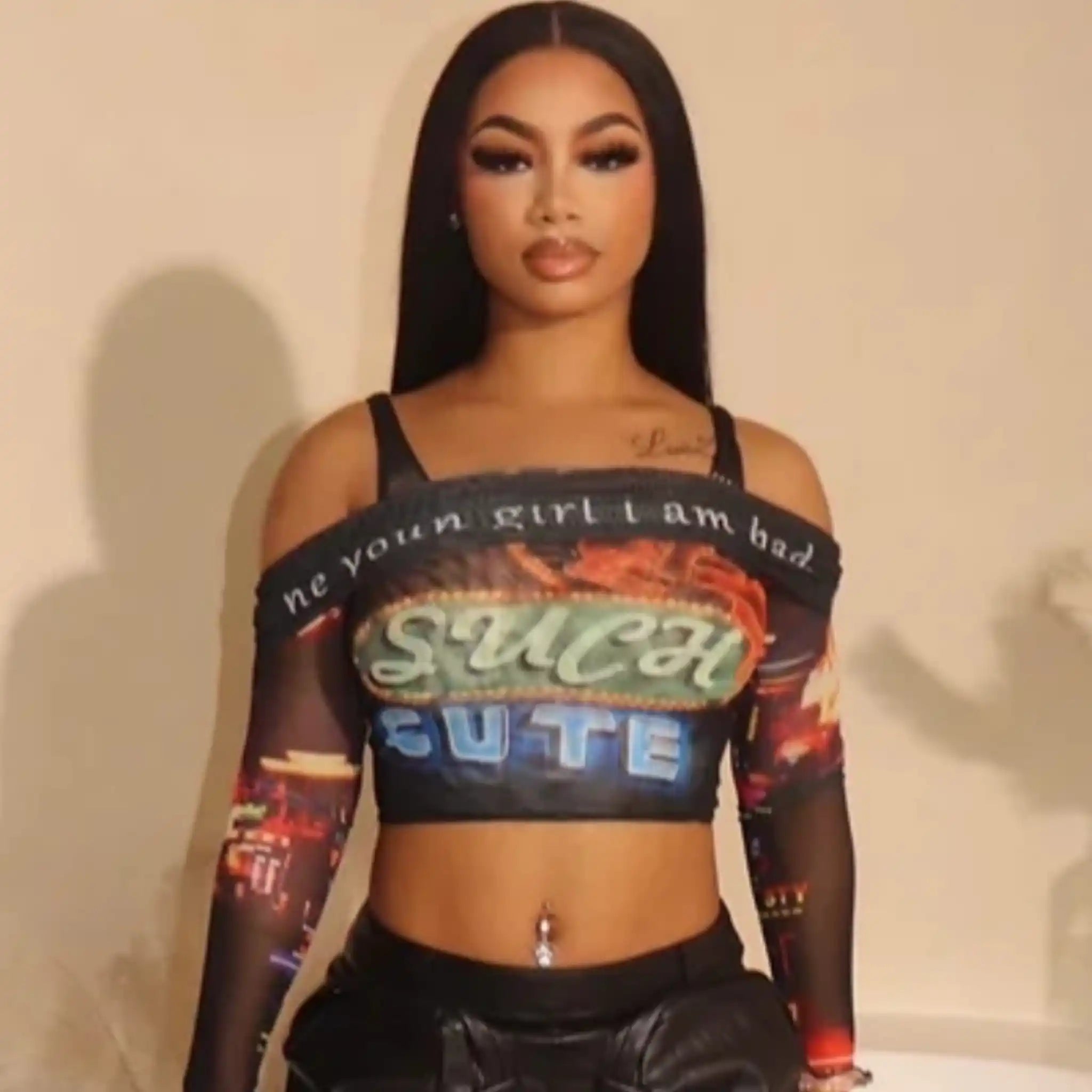 Bomblook C1108TP Fall New Design Letter Print Tees Y2K Slash Neck With Tank Top Women Streetwear Ladies Long Sleeve Sheer Top peekaboo tank top