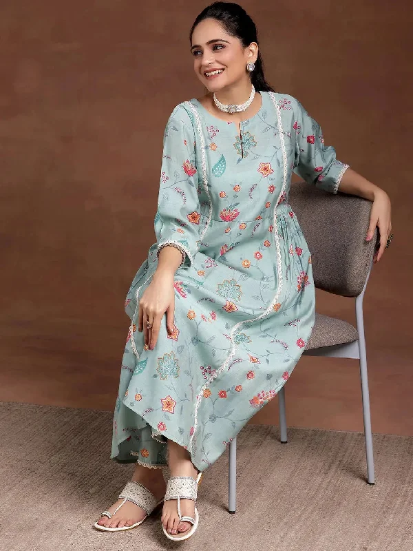 Blue Printed Silk Blend A-Line Kurta With Trousers Trousers Versatile Stylish