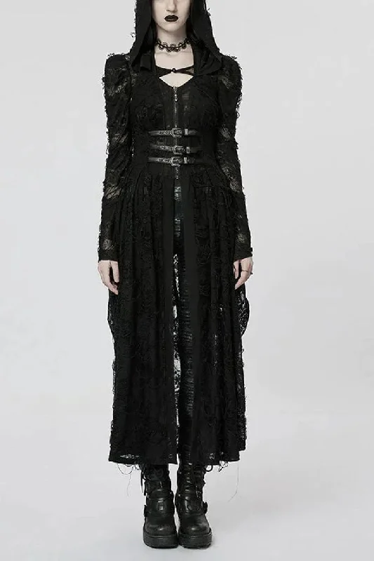 Black Two-piece Knit Ripped Hooded Womens Gothic Coat Zip Front Button Front Snap Front Black Two-piece Knit Ripped Hooded Womens Gothic Coat Zip Front Button Front Snap Front