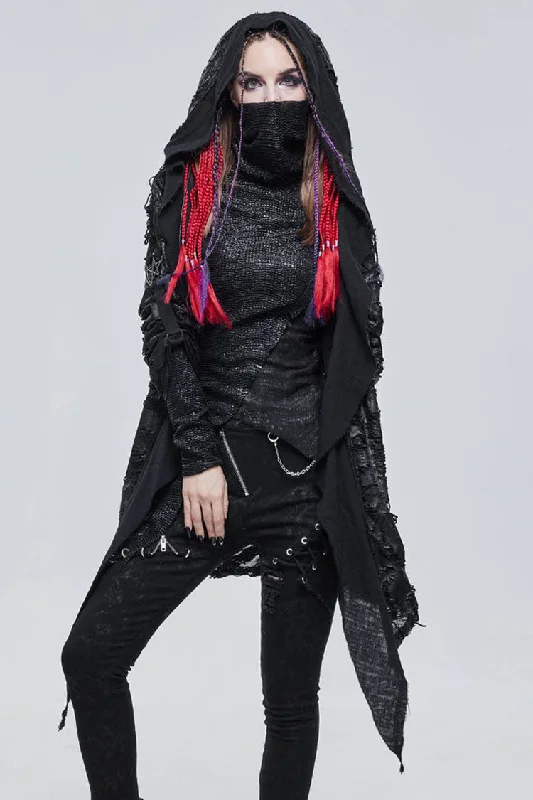 Black Punk Diablo Hole Design Cross Shape Stitching Transparent Mesh Metal Decoration Knitted Women's Coat Wool Cashmere Tweed Black Punk Diablo Hole Design Cross Shape Stitching Transparent Mesh Metal Decoration Knitted Women's Coat Wool Cashmere Tweed