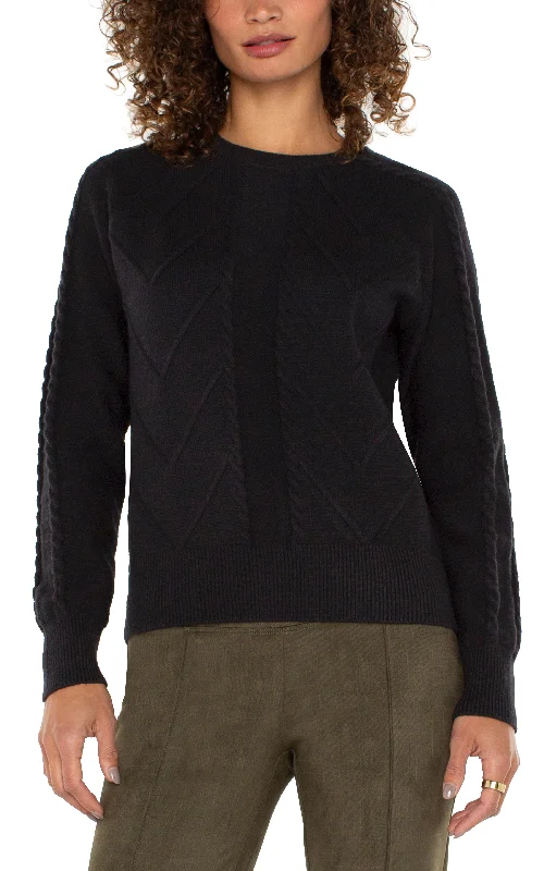 LONG SLEEVE CREW NECK RAGLAN SWEATER - BLACK Ribbed Striped Patterned