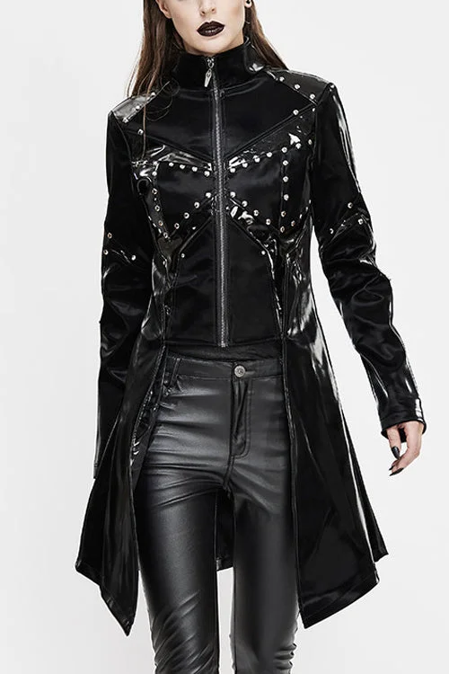 Black Rivet Bright Leather Zipper Long Womens Punk Coat Suede Faux Fur Shearling