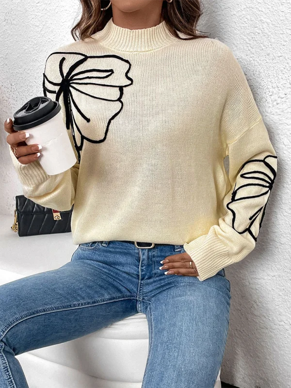 Blue Zone Planet | Semi-High Neck Floral Sweater Chenille Blend Fleece Blend Nylon Blend Blue Zone Planet | Semi-High Neck Floral Sweater Chenille Blend Fleece Blend Nylon Blend