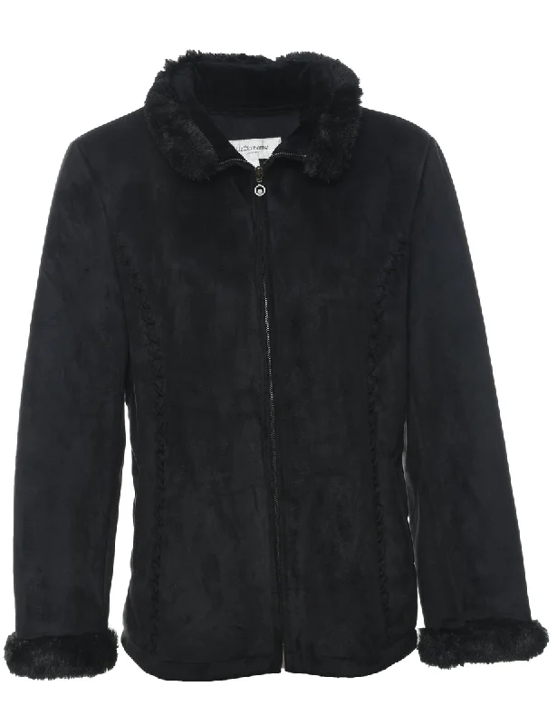 Liz Claiborne Black Zip-Front Faux Shearling Lined Jacket - L Zippered Front Buttoned Front Snap Front Liz Claiborne Black Zip-Front Faux Shearling Lined Jacket - L Zippered Front Buttoned Front Snap Front