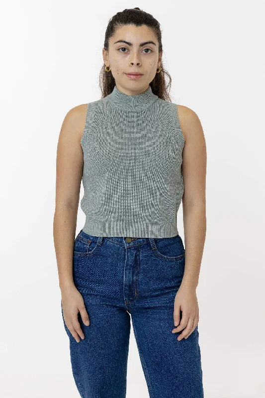 RFK45GD - Cotton Knit Sleeveless Mock Neck Sweater Herringbone Houndstooth Plaid